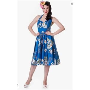 Hell Bunny Vixen Blue Hawaiian Pinup Retro Halter Swing Dress Small